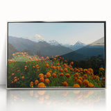 Mid-century modernist art depicting Nepal's scenery in muted earth tones on a silver-framed acrylic print.