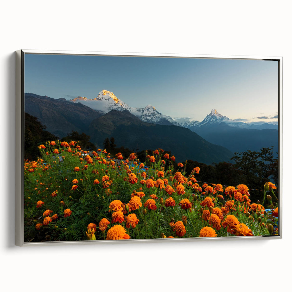Landscape art painting of a Nepali scene in vibrant colors on a framed canvas.