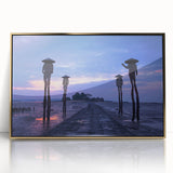 Mid-century modernist style acrylic print of a Taiwan landscape in muted gold and green tones, ideal for nursery wall decor.