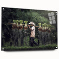 Large abstract wall art depicting Asian scenery in muted earth tones on acrylic glass.