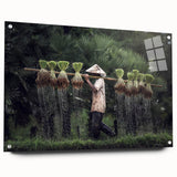 Large abstract wall art depicting Asian scenery in muted earth tones on acrylic glass.