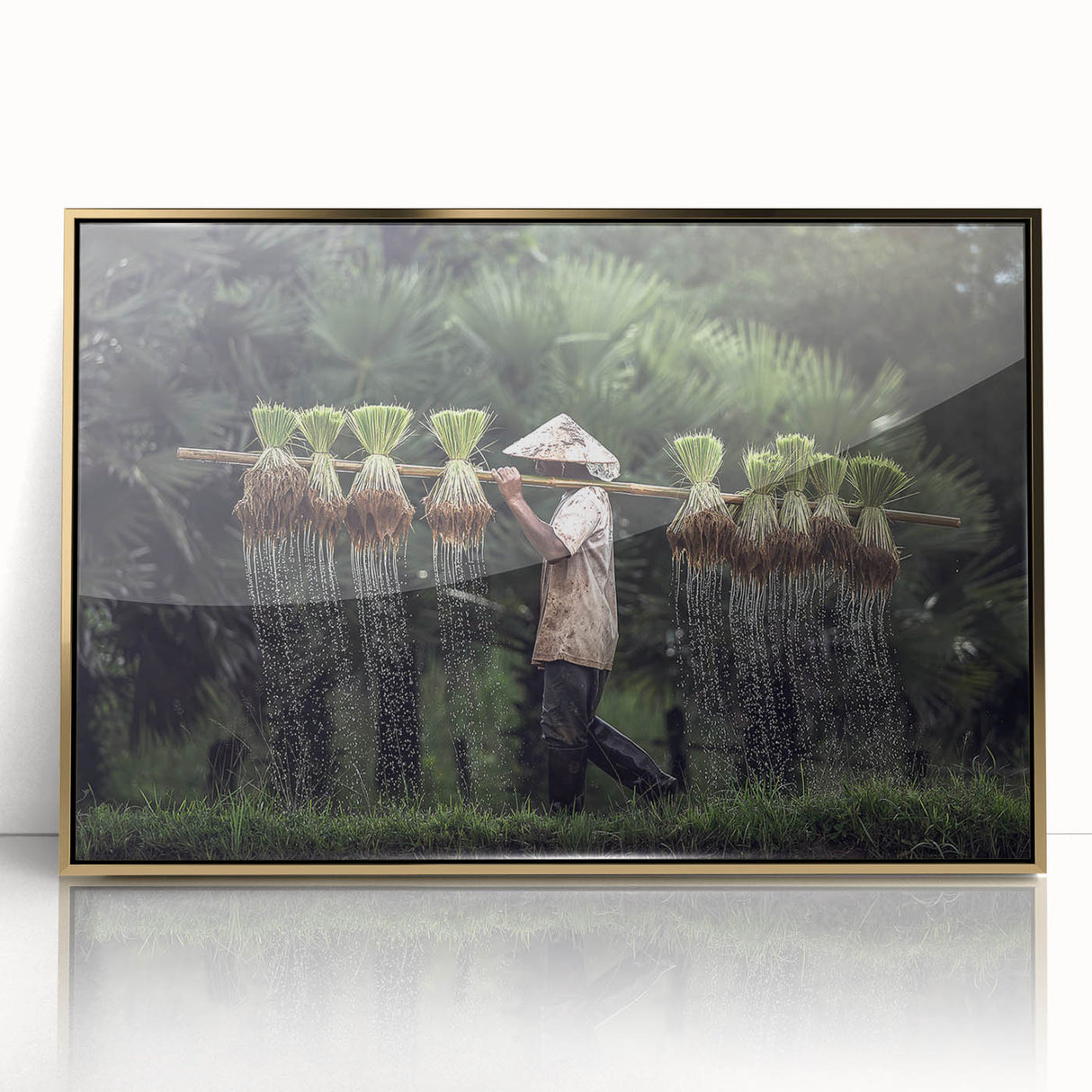 Large art print of a serene Thai landscape in muted gold and green tones, framed acrylic, ideal for modern art wall decor.