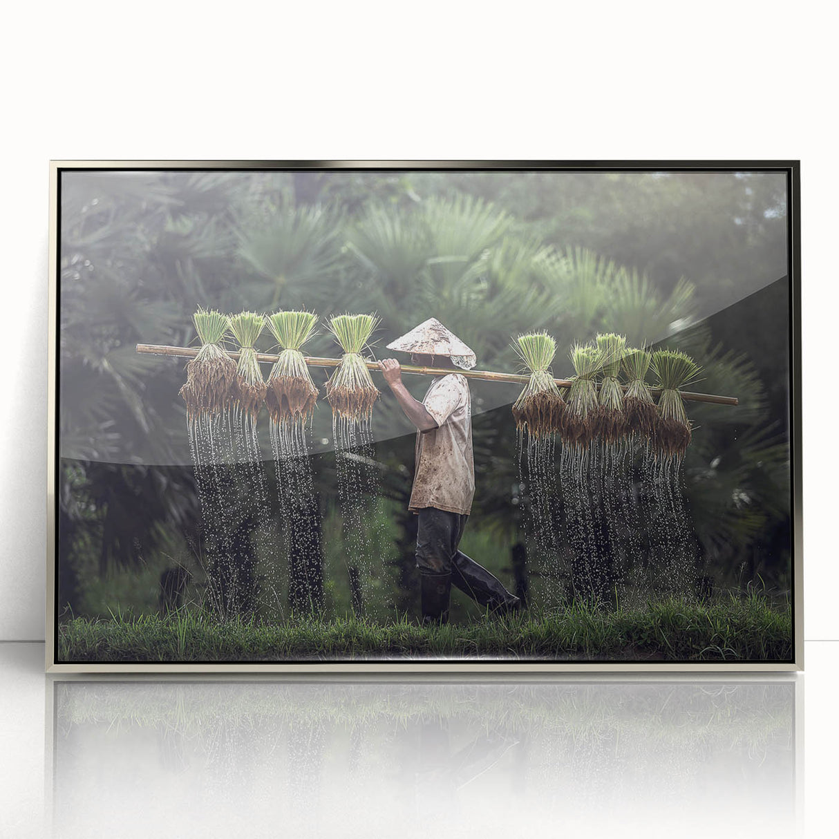 Mid-century modernist art of a serene Thai landscape in muted green and blue tones, acrylic print framed in silver.