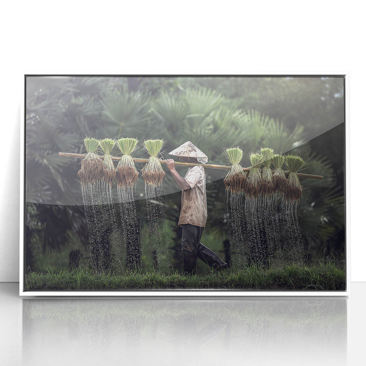 Art deco poster of a Thai landscape in muted green and blue tones on framed acrylic, ideal for modern art wall decor.