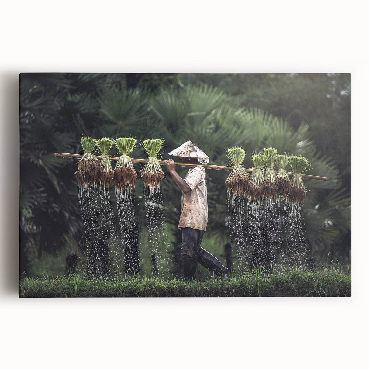 Large black and white wall art of a Thai landscape on stretched canvas, ideal for kitchen art.
