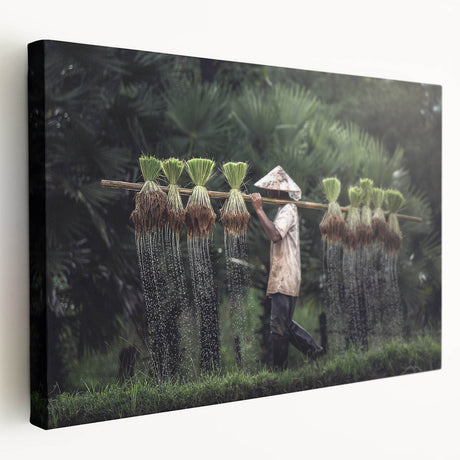 Large stretched canvas depicting a serene Thai landscape in soft green and blue tones, suitable for kitchen wall art.