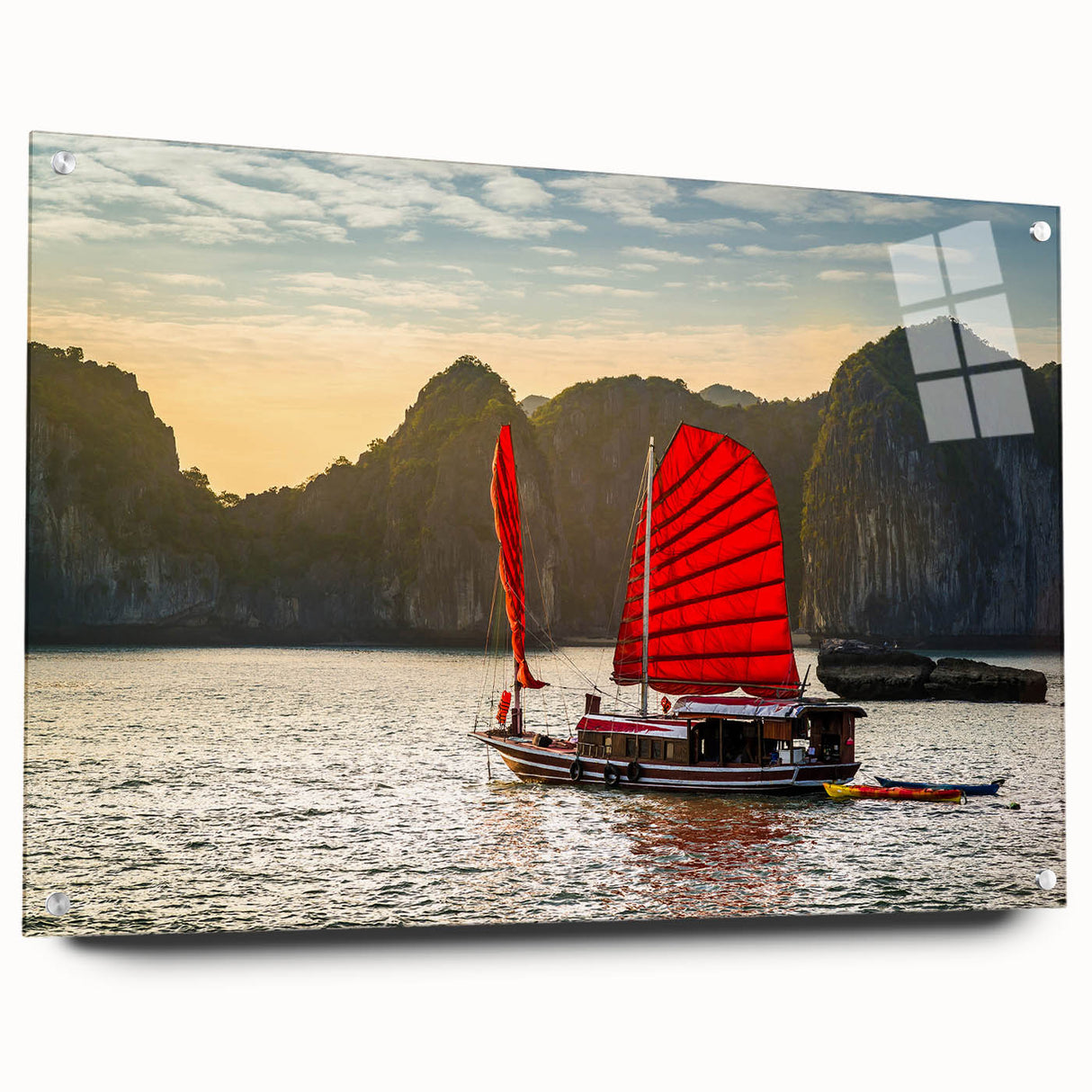 Acrylic print of a large abstract depiction of a Vietnamese landscape in vibrant green and blue tones.