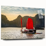 Acrylic print of a large abstract depiction of a Vietnamese landscape in vibrant green and blue tones.