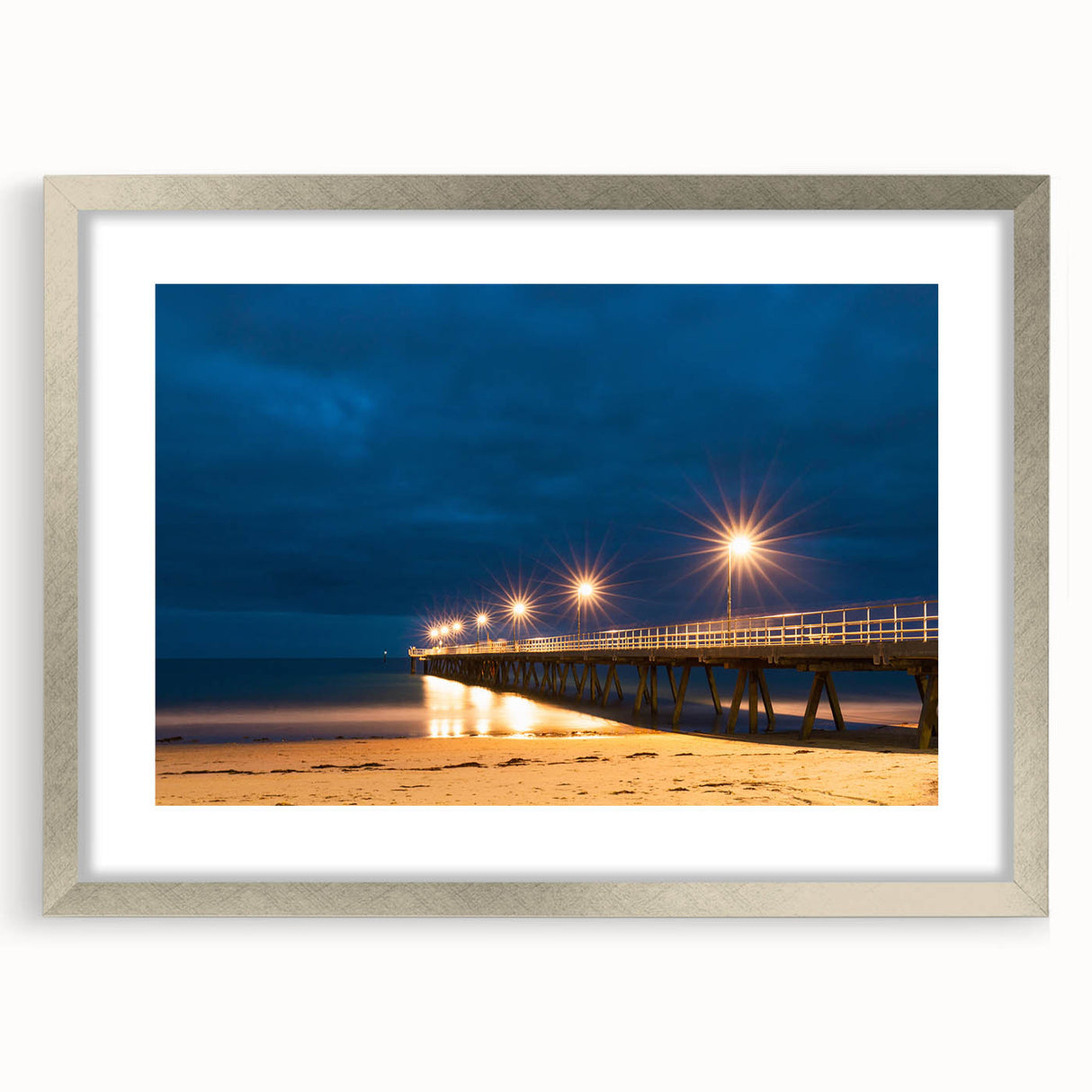 Abstract art print of Adelaide scenery in muted gray and blue tones, framed with a silver mat, ideal for dining room decor.