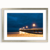 Abstract art print of Adelaide scenery in muted gray and blue tones, framed with a silver mat, ideal for dining room decor.