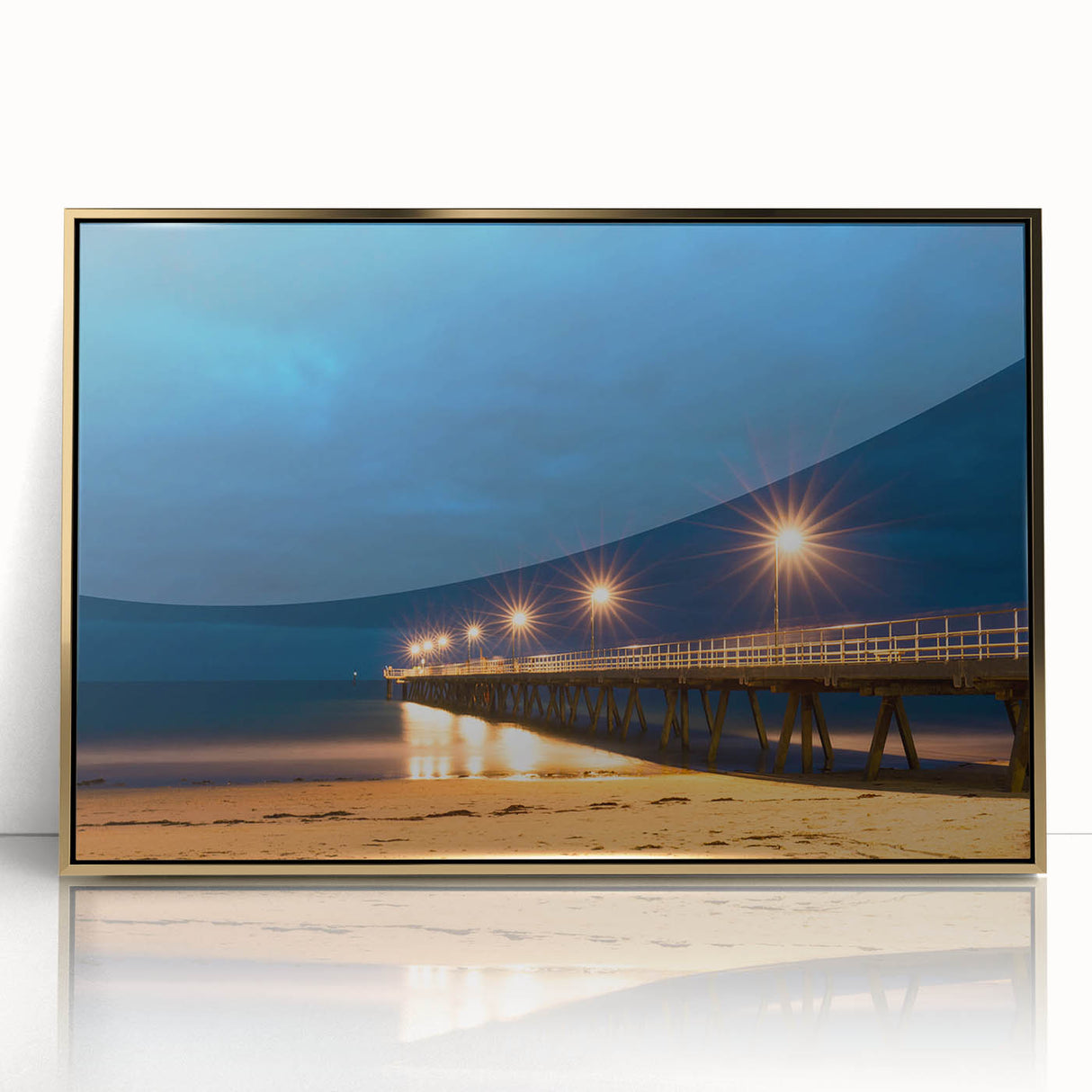 Mid-century modernist art of Adelaide scenery, featuring acrylic frame in gold, suitable as nursery wall art.