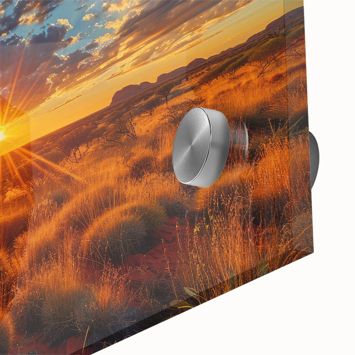 Large abstract depiction of Ayers Rock in muted orange and brown tones on acrylic glass, suitable for dining room art.