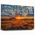 Large abstract depiction of Ayers Rock in muted orange and brown tones on acrylic glass.