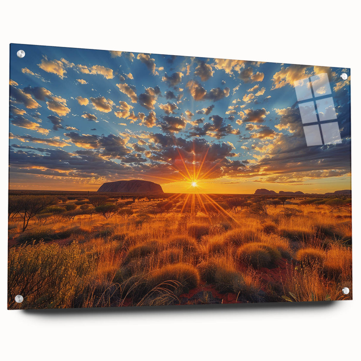 Large abstract depiction of Ayers Rock in muted orange and brown tones on acrylic glass.