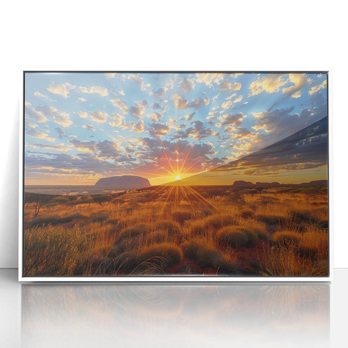 Framed acrylic print of Ayers Rock in Australia, depicted in muted earth tones, ideal for modern art wall decor.