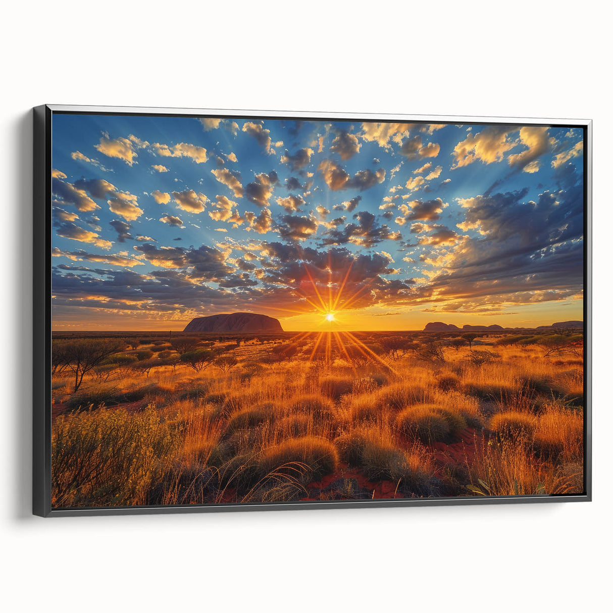 Black and white framed canvas of Ayers Rock landscape, suitable for bedroom wall art in a vintage poster style.