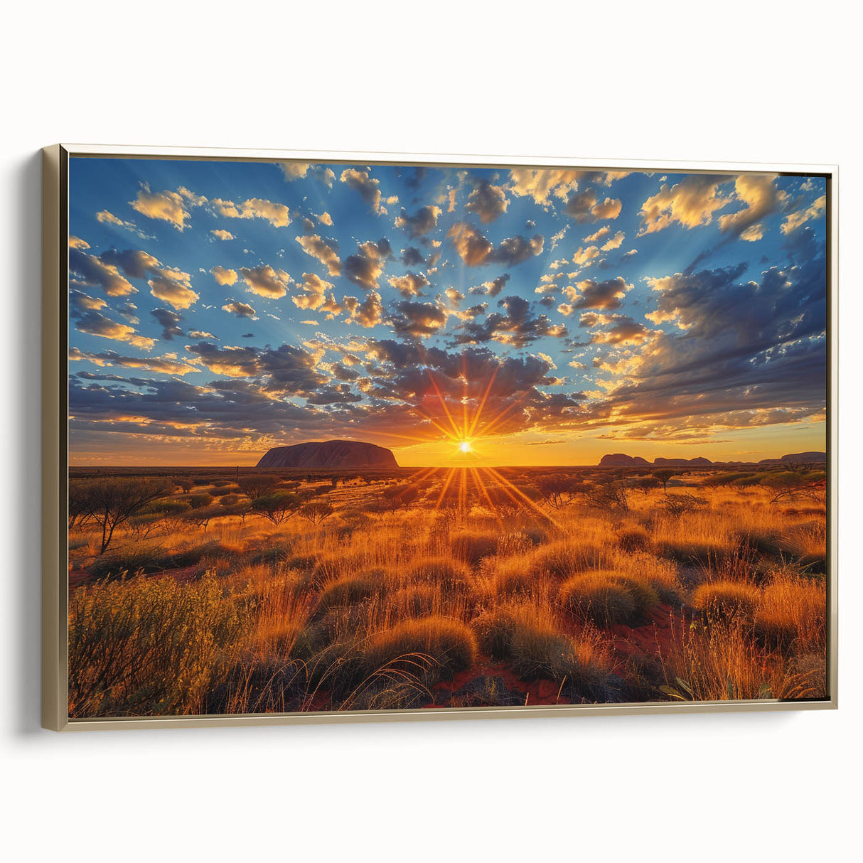 Framed canvas featuring a vintage-style landscape art painting of Ayers Rock in Australia, with a palette of gold and black.