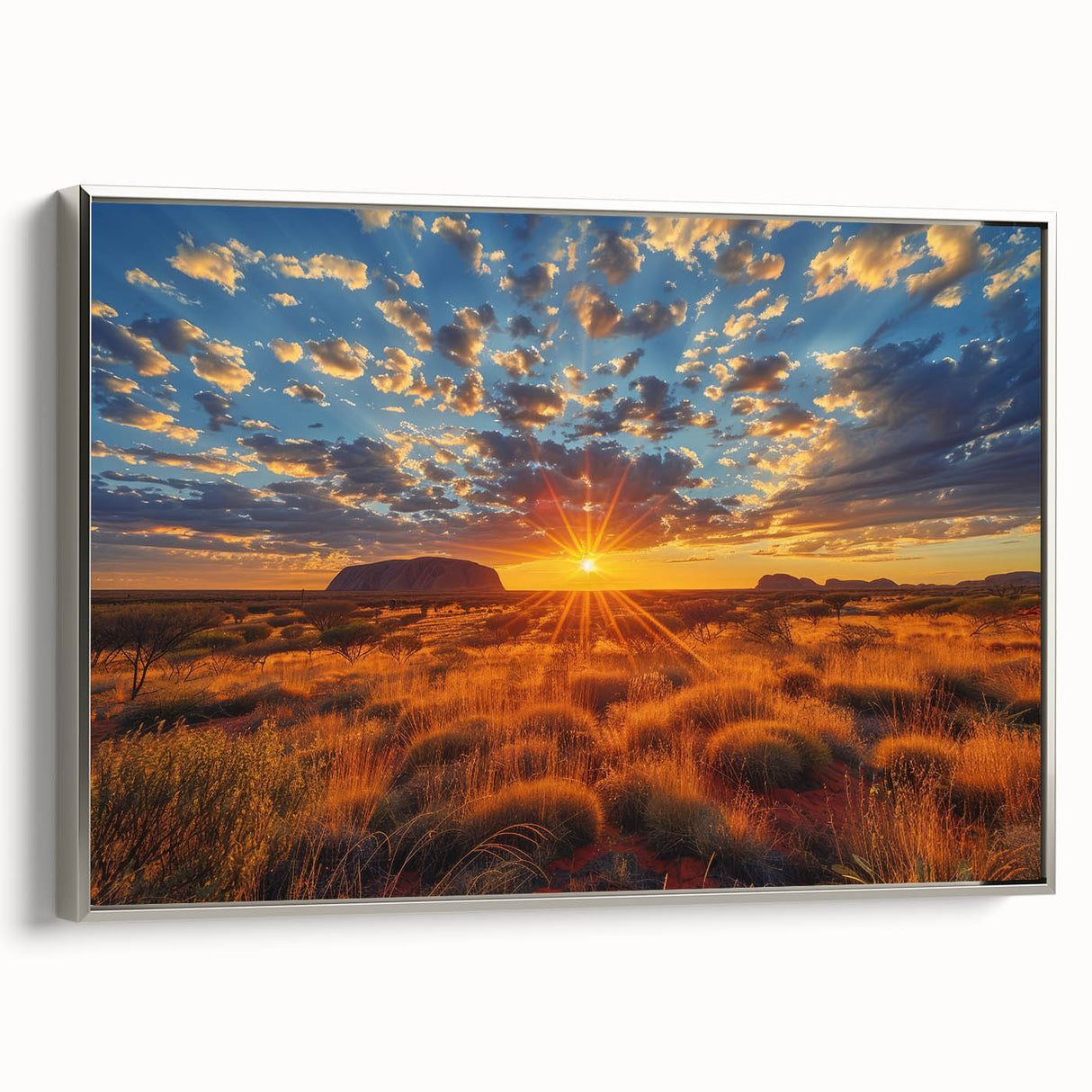 Vintage poster art of Ayers Rock in colorful hues on a large framed canvas, suited for living room decor.