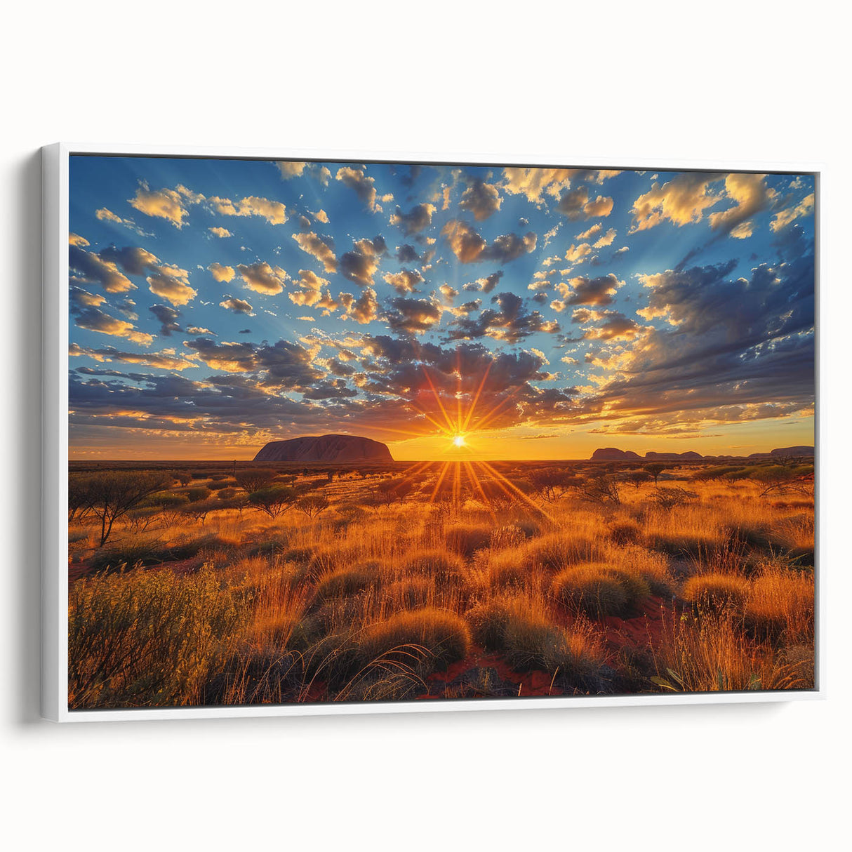 Framed canvas of Ayers Rock landscape in muted earth tones, ideal for bedroom wall art.