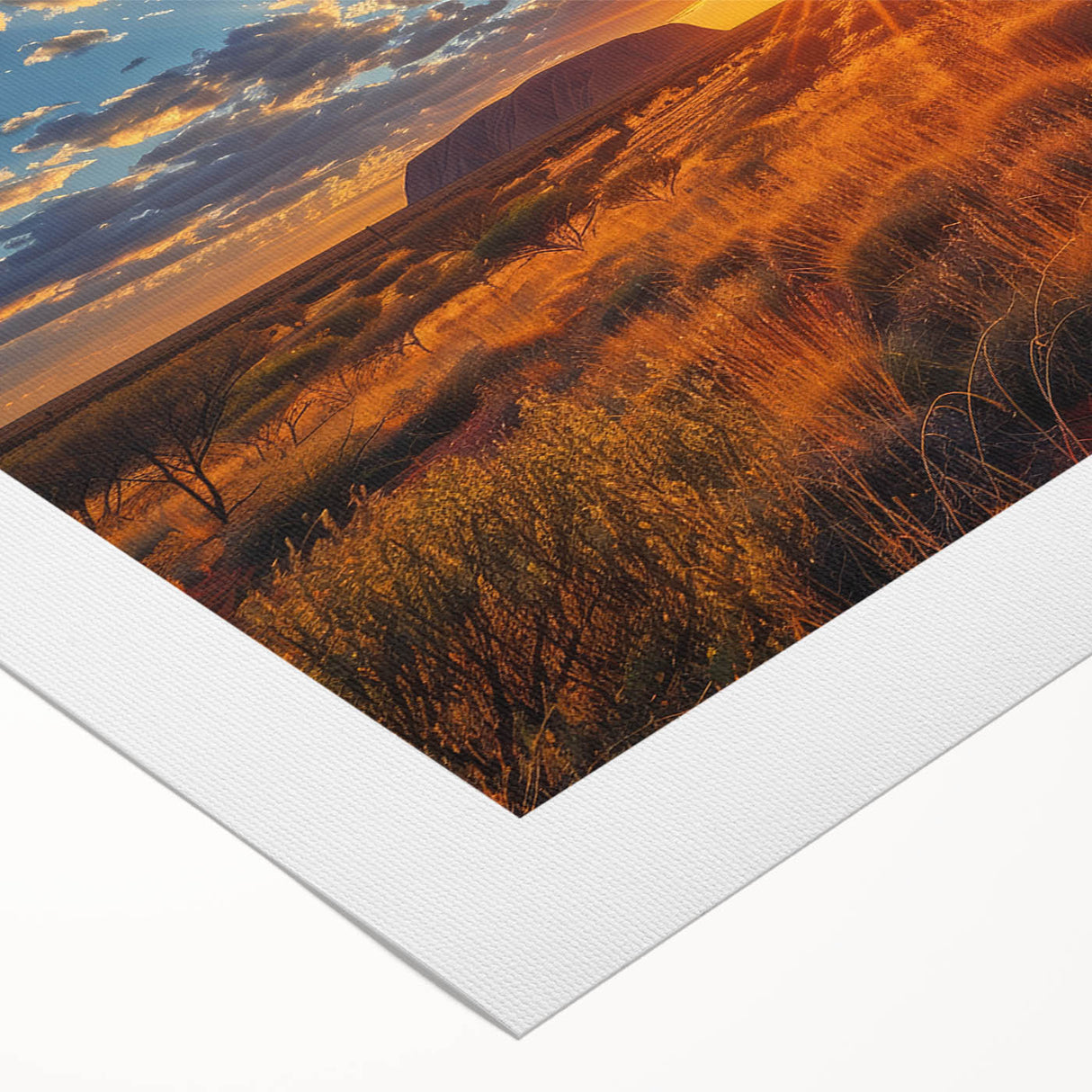Art deco poster of Ayers Rock in muted orange and brown tones on rolled canvas, suitable for dining room wall art.