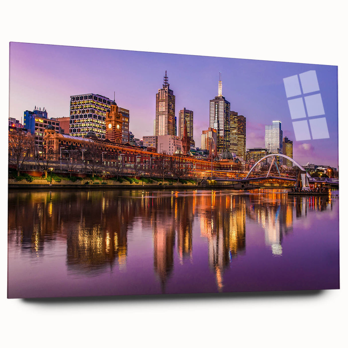 Large abstract wall art of Melbourne skyline in muted blue tones on acrylic glass, ideal for bedroom or dining room decor.