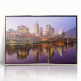 Art deco style Melbourne skyline in muted silver and gray tones on a framed acrylic, ideal for modern art wall decor.