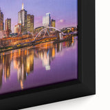 Close-up of a textured black wall art featuring a colorful Melbourne skyline on a framed canvas, ideal for living room decor.