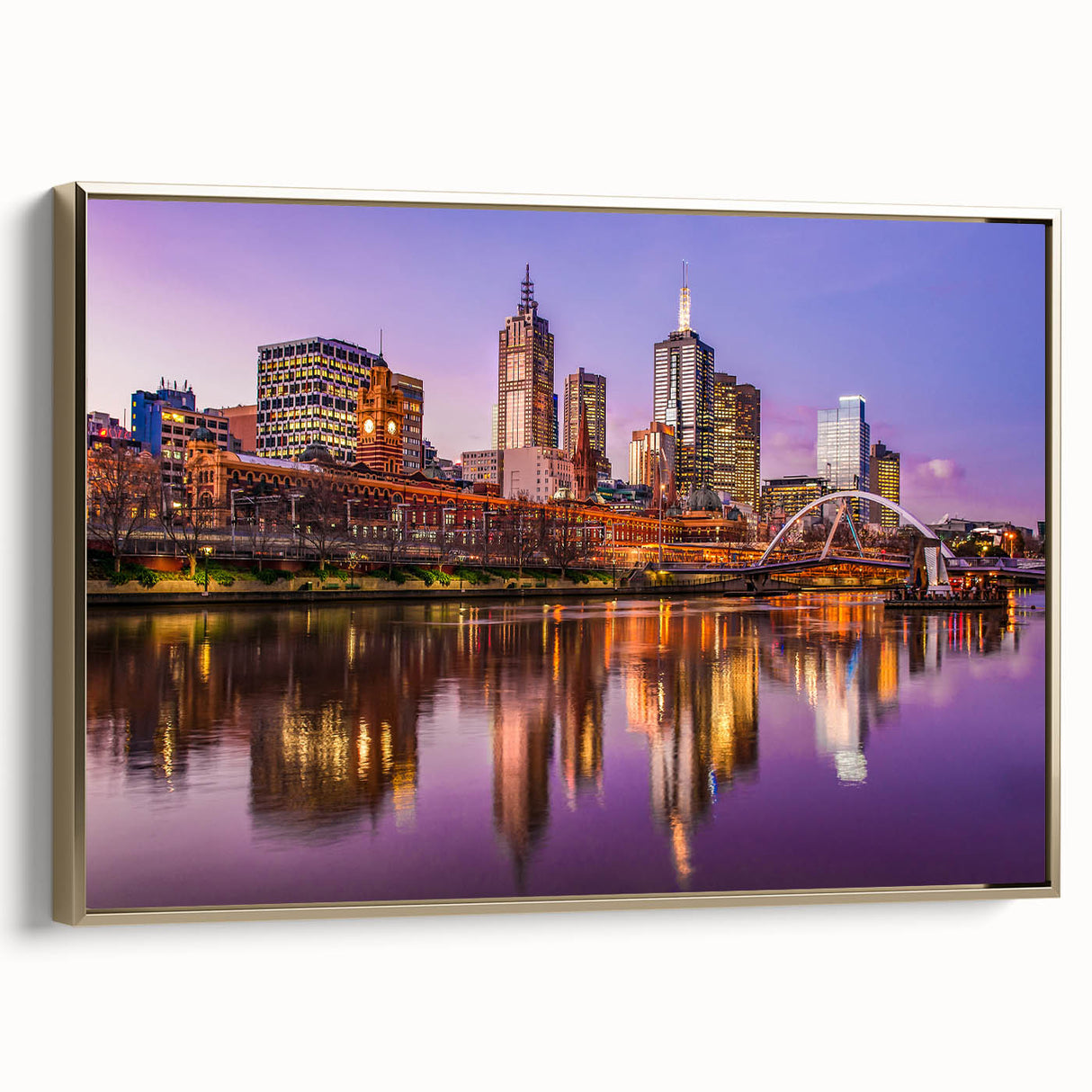 Framed canvas of a Melbourne landscape painting in vintage style, featuring a black and colorful art palette.
