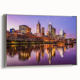 Vintage poster art of Melbourne scenery in vibrant colors on a large framed canvas, suitable for living room decor.