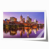 Rolled print of Melbourne skyline with soft pastel hues, ideal for art wall dining room.