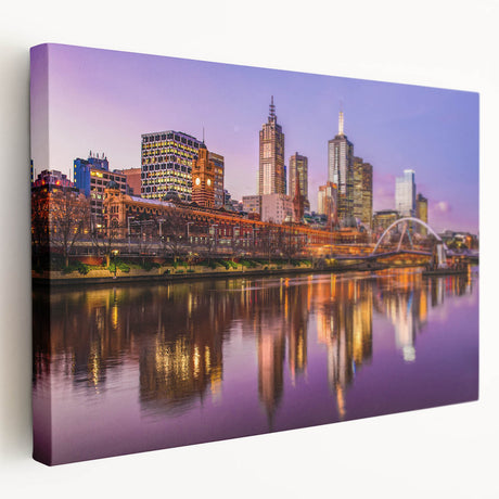 Side view of a stretched canvas depicting the Melbourne skyline in muted blue and gray tones, suitable for kitchen wall art.