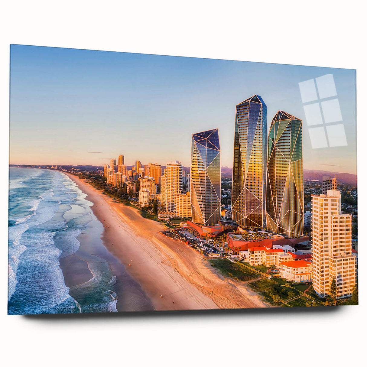 Large abstract wall art depicting the Queensland scenery in muted green and blue hues, printed on acrylic glass.