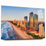 Large abstract wall art depicting the Queensland scenery in muted green and blue hues, printed on acrylic glass.