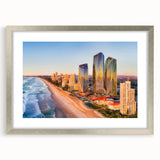 Extra large abstract art print of Queensland scenery in muted earth tones on a textured canvas, framed in silver.