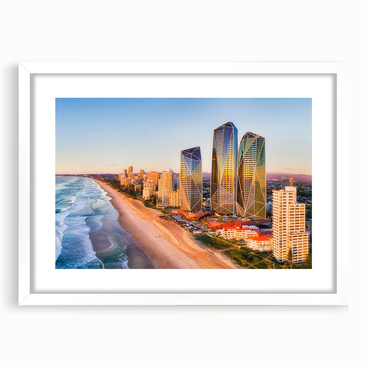 Textured art depicting an abstract Queensland scenery in muted earth tones on a framed white mat, suitable for bedroom decor.