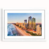 Textured art depicting an abstract Queensland scenery in muted earth tones on a framed white mat, suitable for bedroom decor.