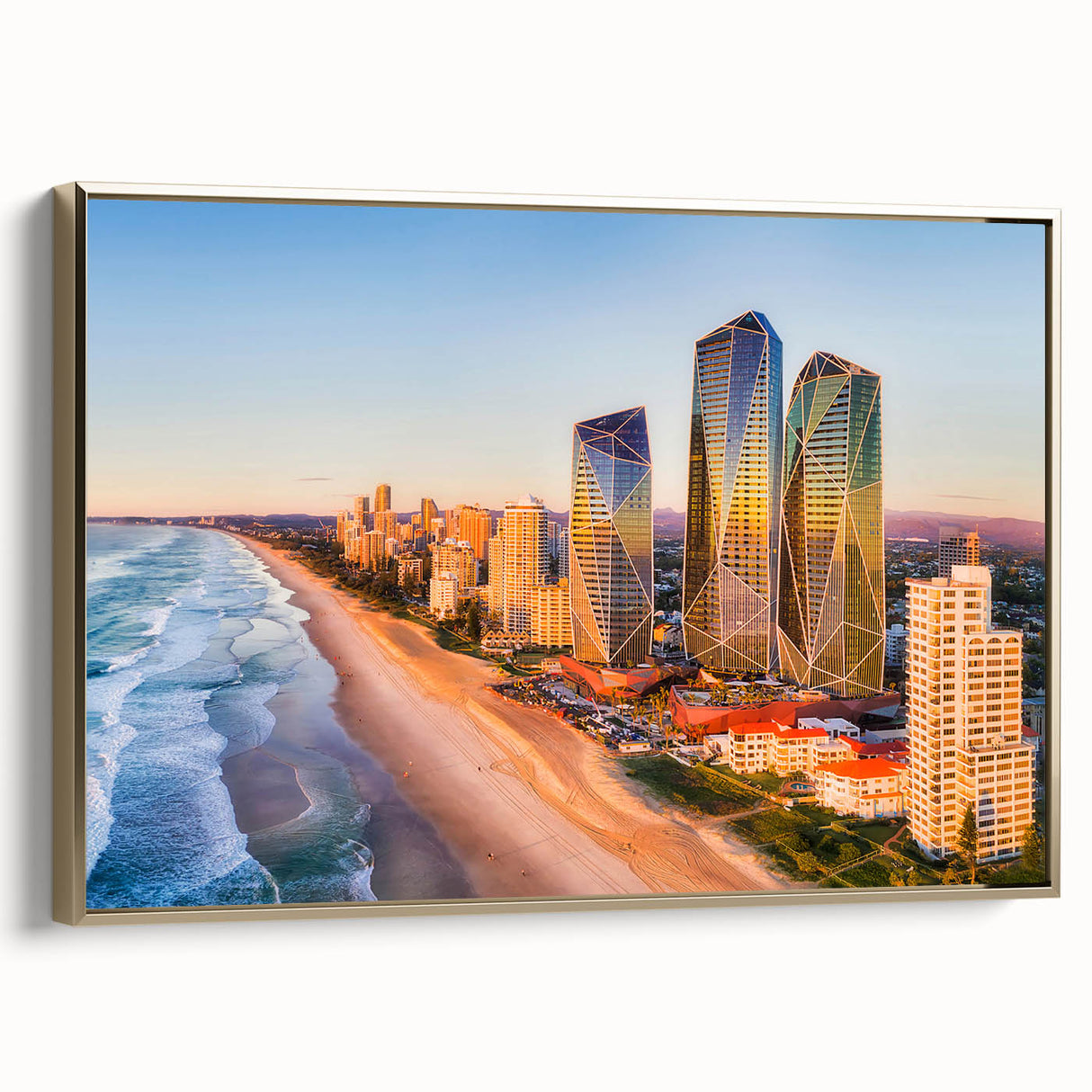 Framed canvas depicting a Queensland landscape in muted earth tones, ideal for bedroom wall art.