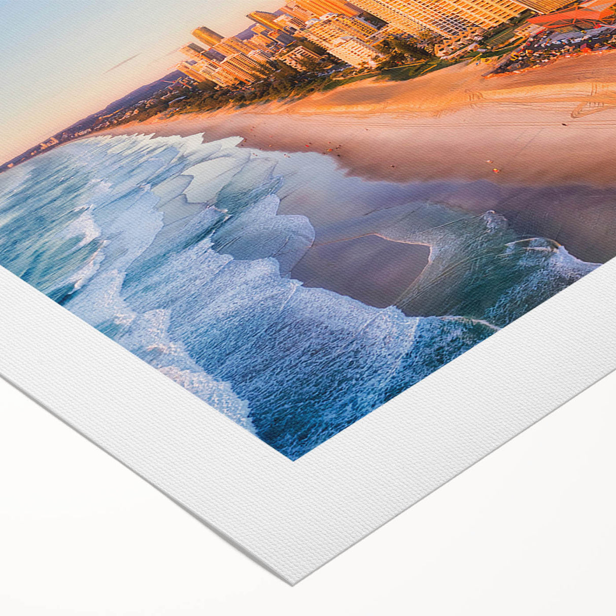 Art deco poster of Queensland scenery in muted green and blue tones on rolled canvas, suitable for dining room wall art.