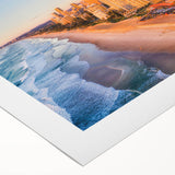Art deco poster of Queensland scenery in muted green and blue tones on rolled canvas, suitable for dining room wall art.