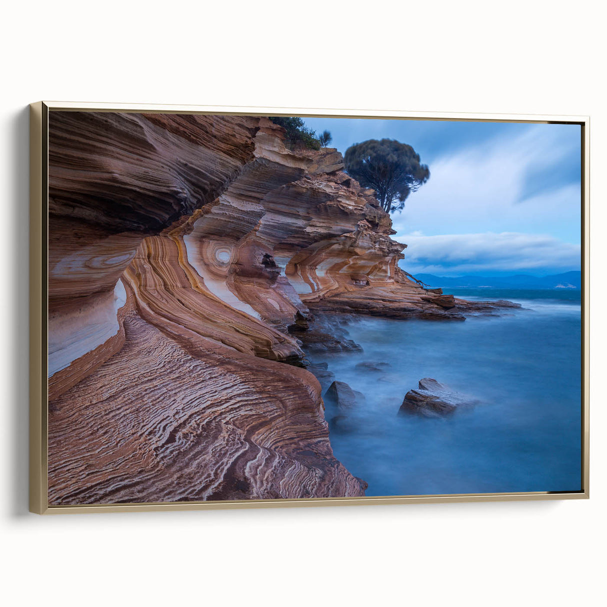 Vintage poster art of Tasmania scenery on extra large framed canvas, featuring black and colorful hues.