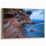 Vintage poster art of Tasmania scenery on extra large framed canvas, featuring black and colorful hues.