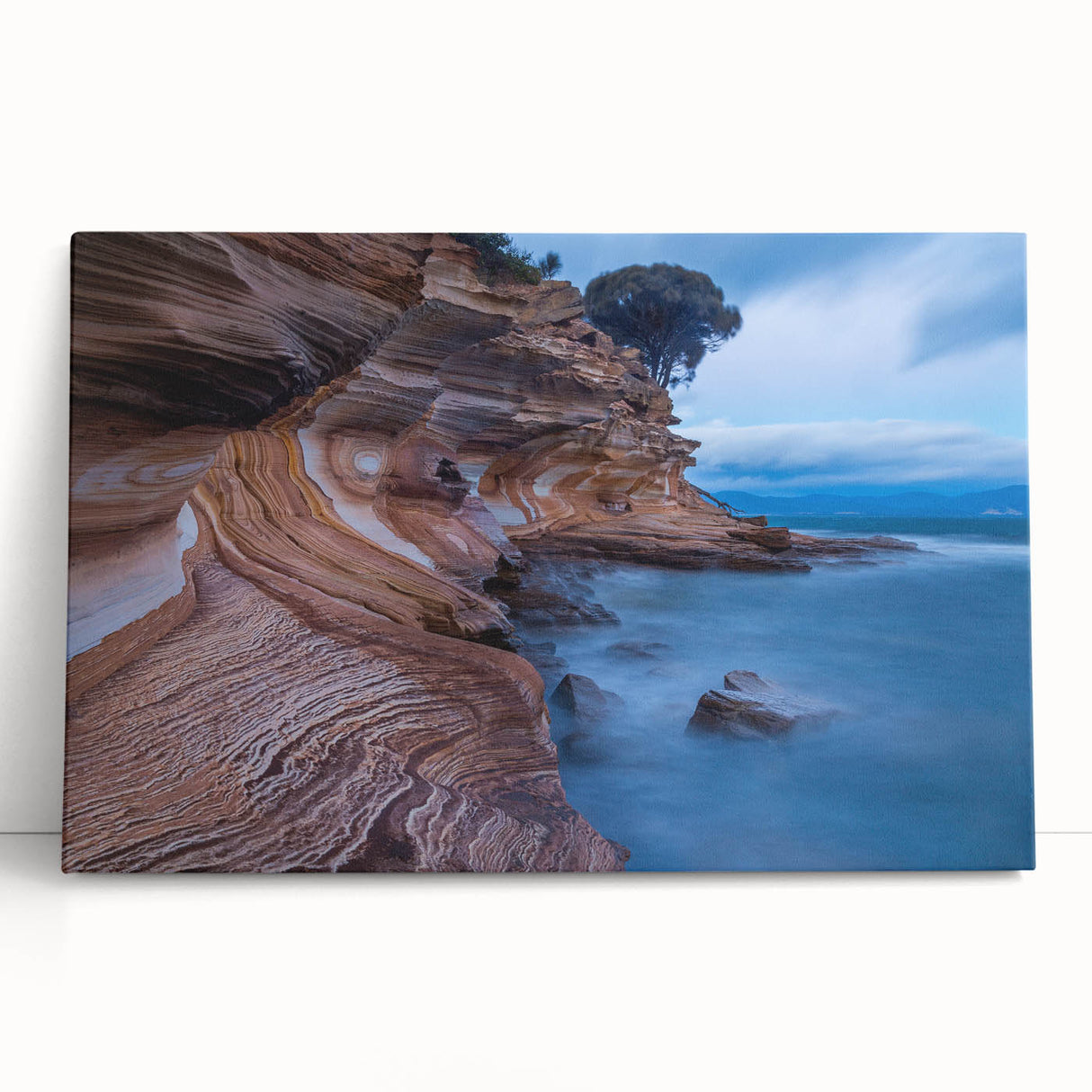 Black and white photo of Tasmania scenery on large stretched canvas, ideal for kitchen wall art.