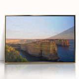 Art deco poster of Australian scenery in gold and green hues, acrylic print framed, ideal for modern art wall decor.