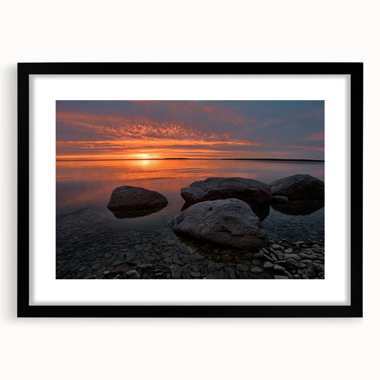 Extra large abstract art print of a colorful, textured Canadian Manitoba scenery in a black frame.
