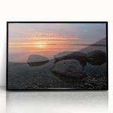 Large abstract wall art depicting Manitoba, Canada scenery in mid-century modernist style on black framed acrylic.