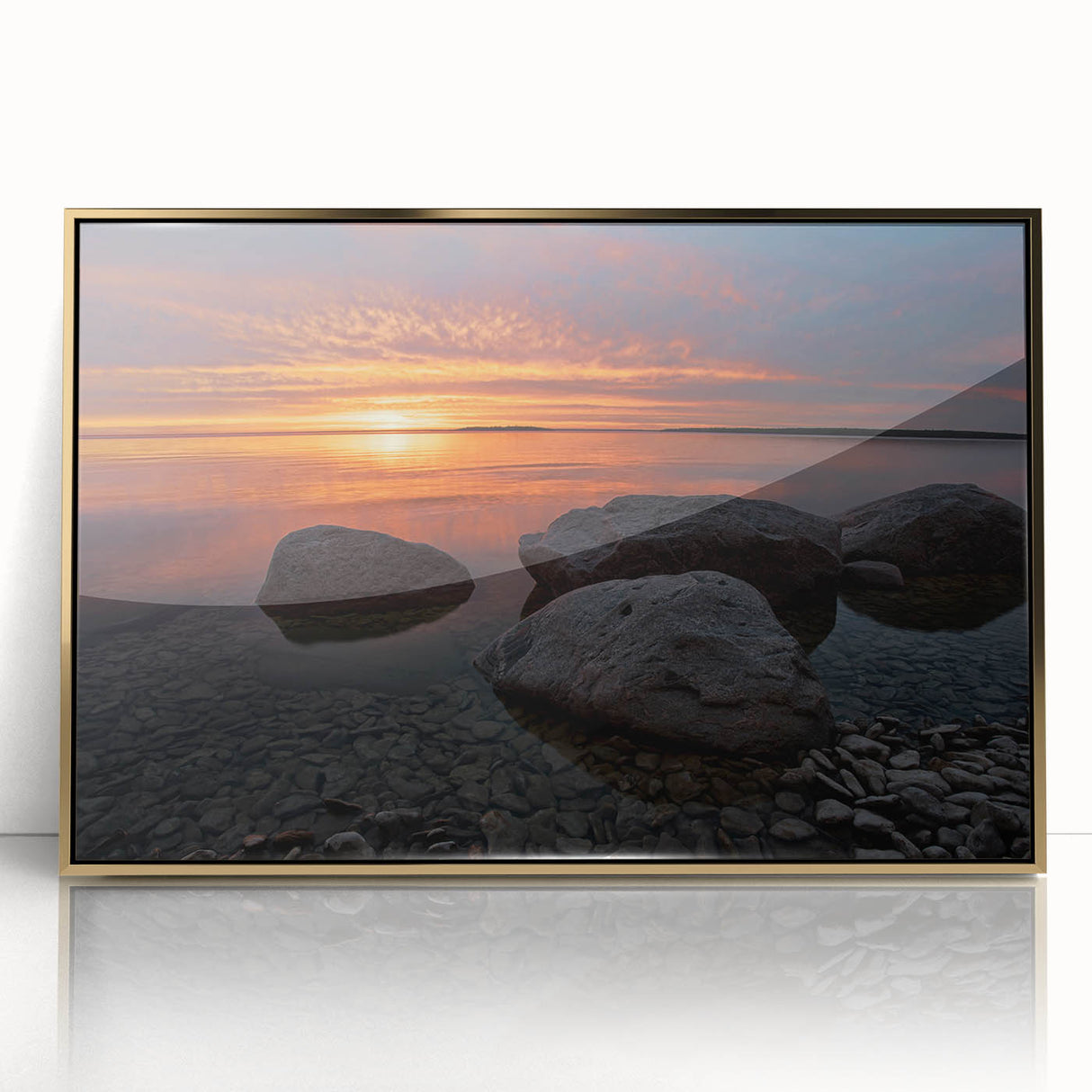 Mid-century modernist style large art print of a Manitoba, Canada scenery in gold tones, framed acrylic.