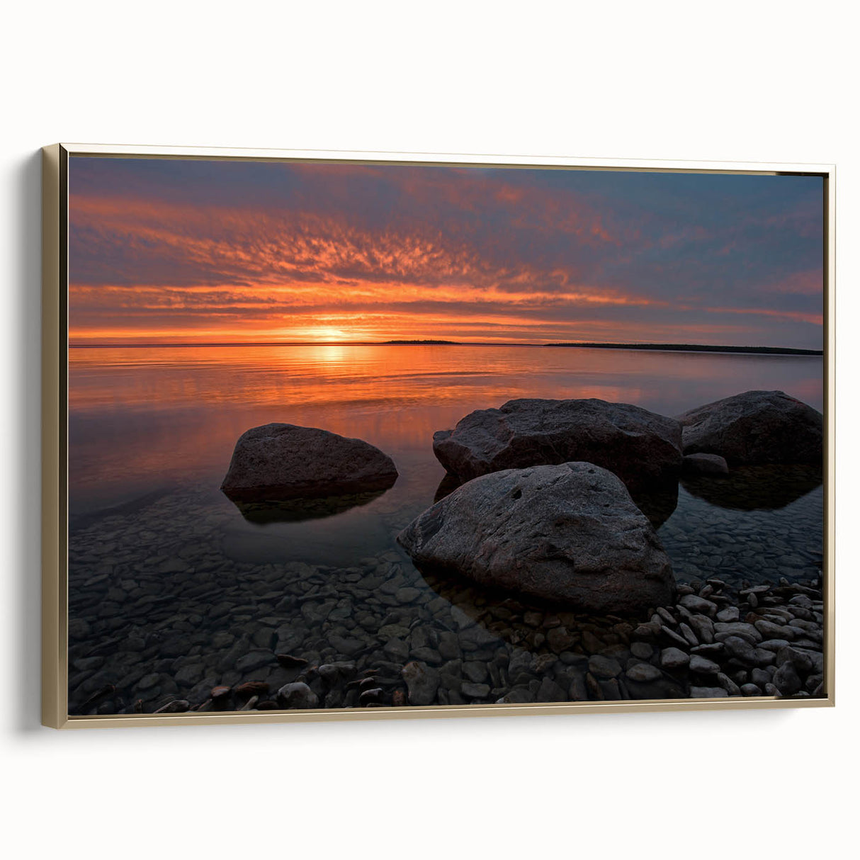 Framed canvas wall art featuring a vintage-style landscape of Manitoba with a black and gold color palette.