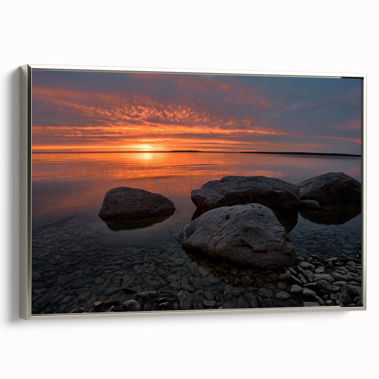 Framed canvas of a vintage-style landscape art painting depicting Manitoba scenery in muted earth tones.