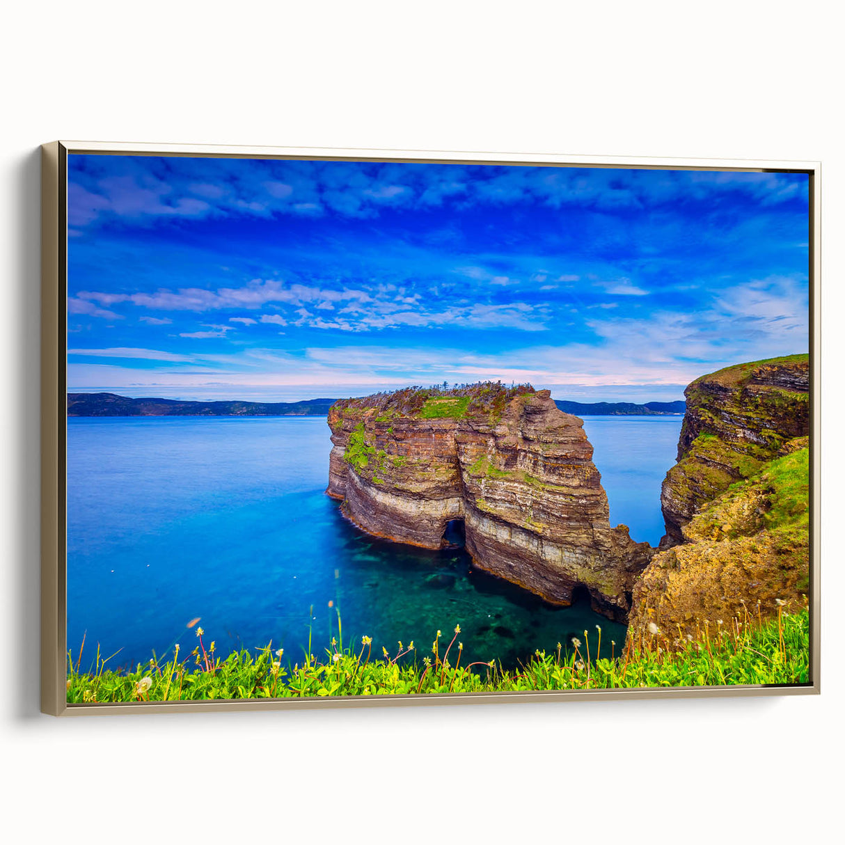 Framed canvas depicting a vintage-style Newfoundland landscape in muted gold and black tones, ideal for bedroom wall decor.
