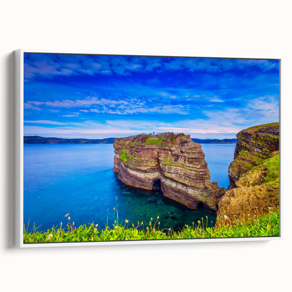 Extra large framed canvas of vintage poster art featuring colorful Newfoundland scenery, ideal for living room decor.